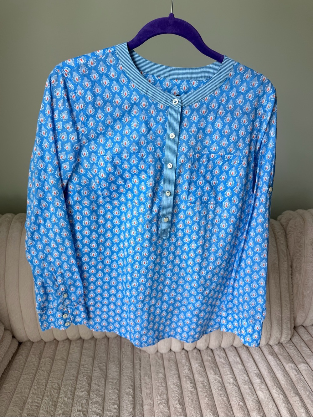 Talbots Light Blue Floral-Print Long Sleeve Blouse